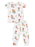 Children's pajamas featuring colorful cowboy and cowgirl illustrations on a white background.