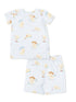 Baby pajamas set featuring playful duck illustrations on a light blue gingham background.
