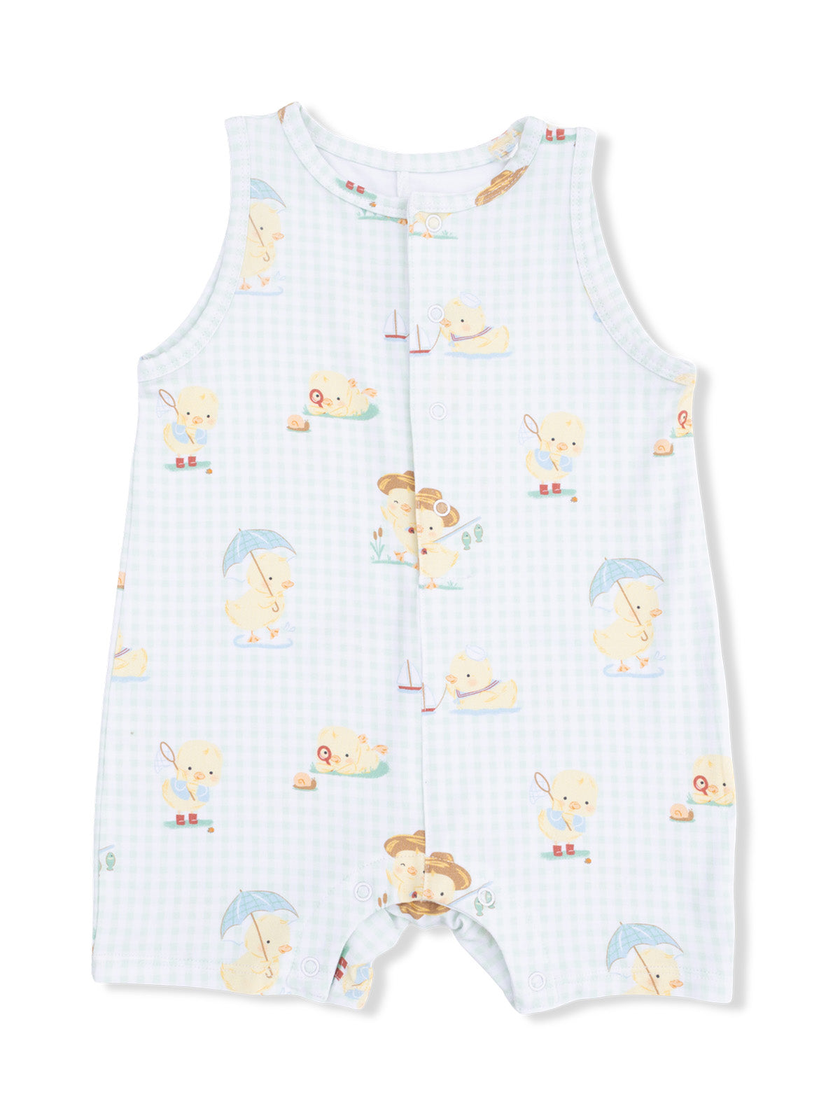 Light blue baby romper with playful duck illustrations and a checkered pattern. Perfect for warm weather wear.