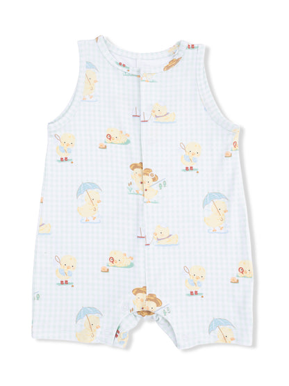 Light blue baby romper with playful duck illustrations and a checkered pattern. Perfect for warm weather wear.