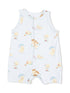 Light blue baby romper with playful duck illustrations and a checkered pattern. Perfect for warm weather wear.