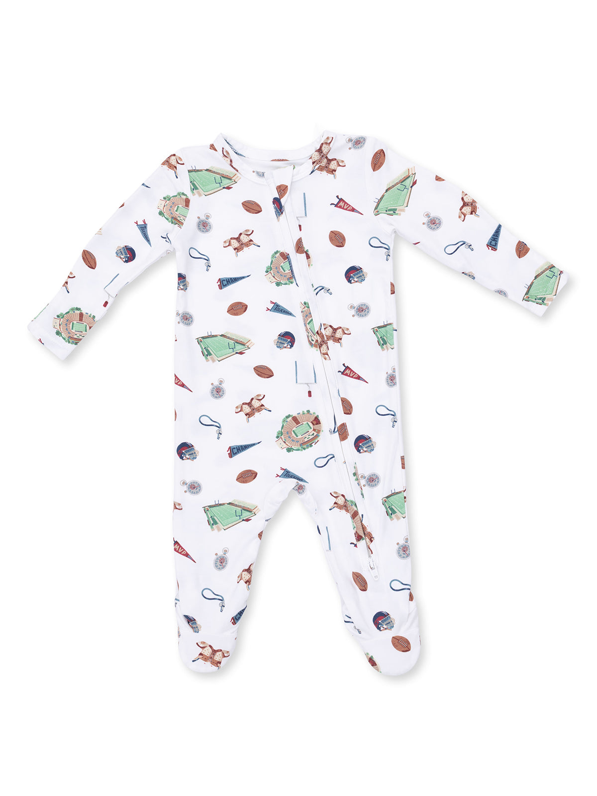 Infant onesie with playful sports-themed print featuring balls, equipment, and fields on a white background.