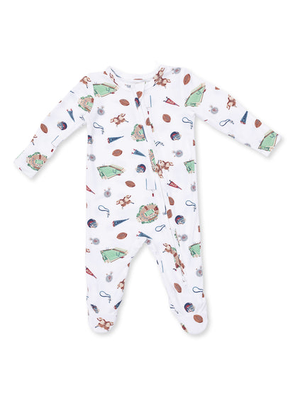 Infant onesie with playful sports-themed print featuring balls, equipment, and fields on a white background.