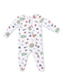 Infant onesie with playful sports-themed print featuring balls, equipment, and fields on a white background.
