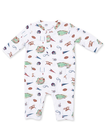 White baby onesie featuring playful sports-themed patterns including footballs, stadiums, and pennants.