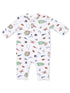 White baby onesie featuring playful sports-themed patterns including footballs, stadiums, and pennants.