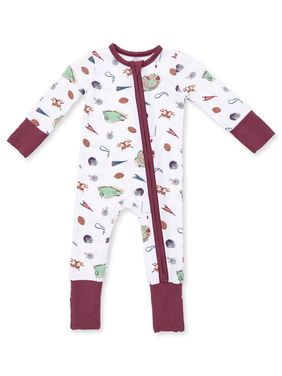 Toddler zip-up pajama with sports-themed prints on a white background and maroon sleeves and cuffs.