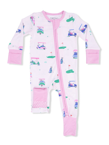 Child's golf-themed pajamas featuring a pink and white pattern with golf carts and green accents.