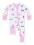 Child's golf-themed pajamas featuring a pink and white pattern with golf carts and green accents.
