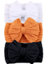 Three textured headbands in white, orange, and black with large bow designs stacked vertically.