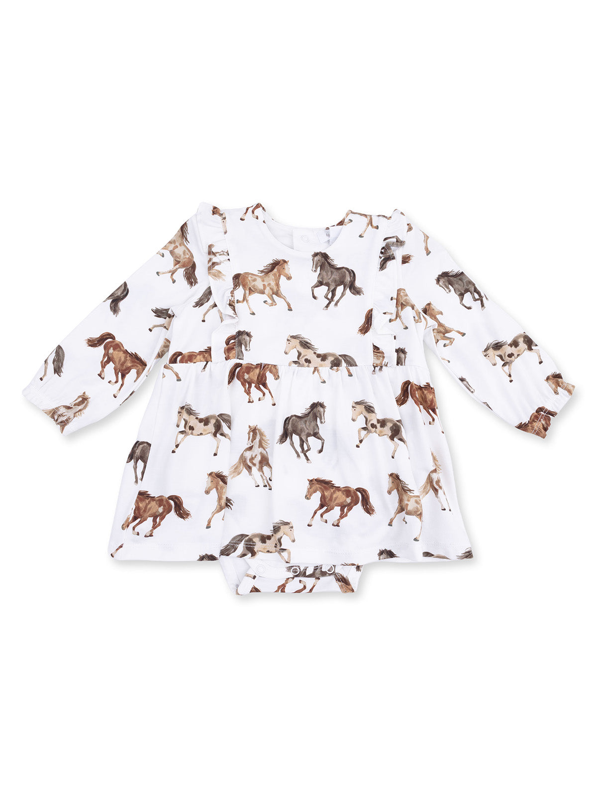 White dress with horse patterns and long sleeves, featuring ruffles and a bottom snap closure.