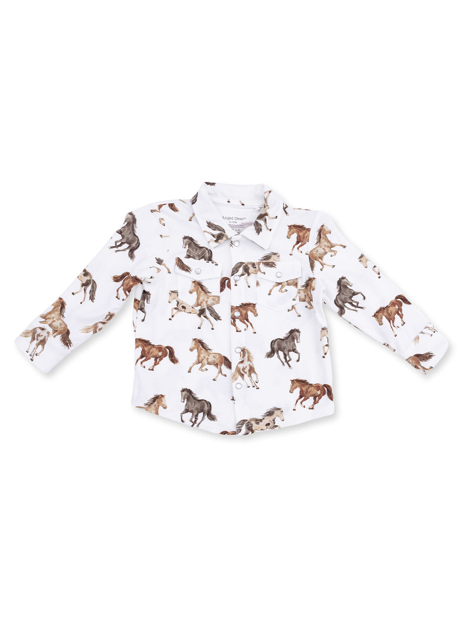 White button-up shirt with a repeated horse print design. Perfect for casual or playful attire.