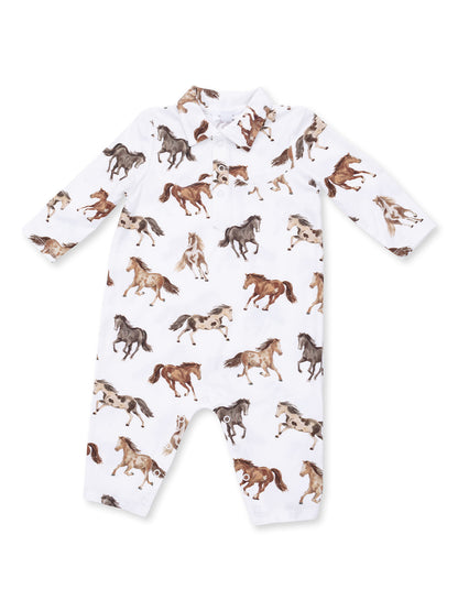 White baby romper with brown and gray horse patterns throughout. Long sleeves and collared design.