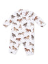 White baby romper with brown and gray horse patterns throughout. Long sleeves and collared design.