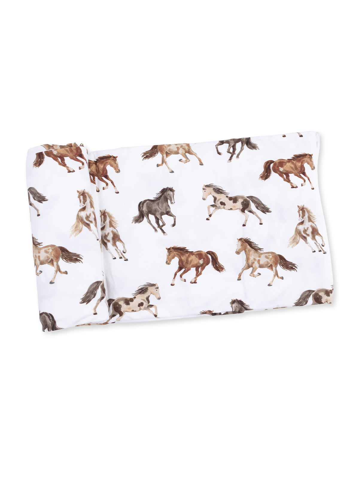 White fabric featuring various running horses in brown and black designs. Ideal for bedding or decor.