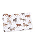 White fabric featuring various running horses in brown and black designs. Ideal for bedding or decor.