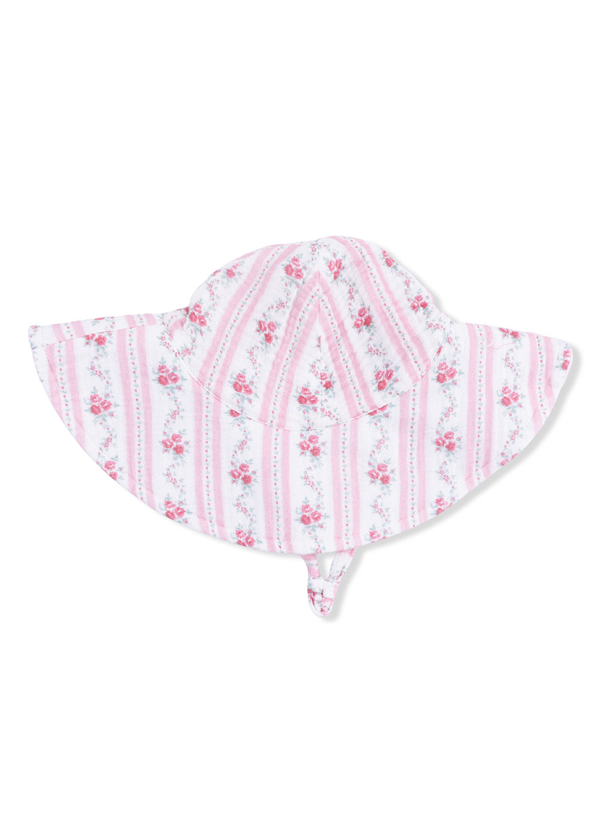 Floral-patterned sun hat in shades of pink with wide brim and chin strap. Ideal for sun protection.