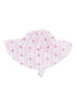 Floral-patterned sun hat in shades of pink with wide brim and chin strap. Ideal for sun protection.