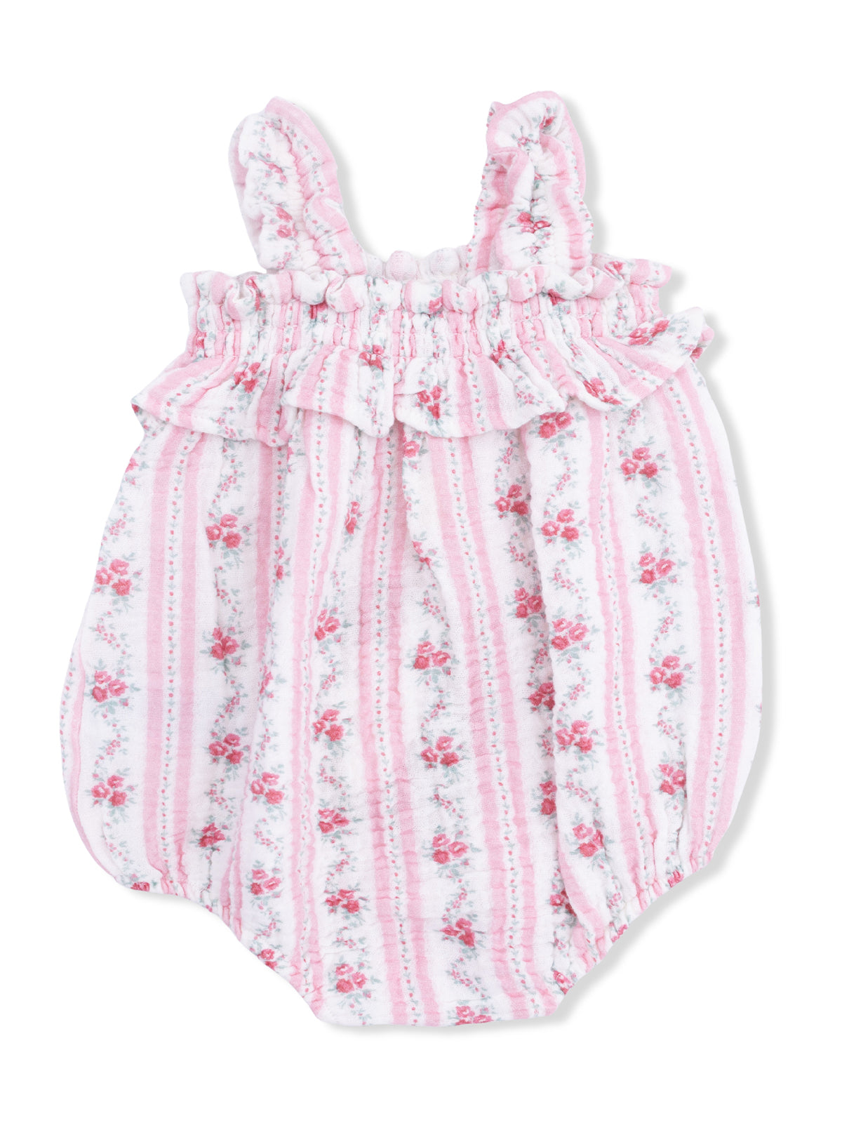 Floral baby romper in pink and white with ruffled straps and a soft, comfortable fit for toddlers.