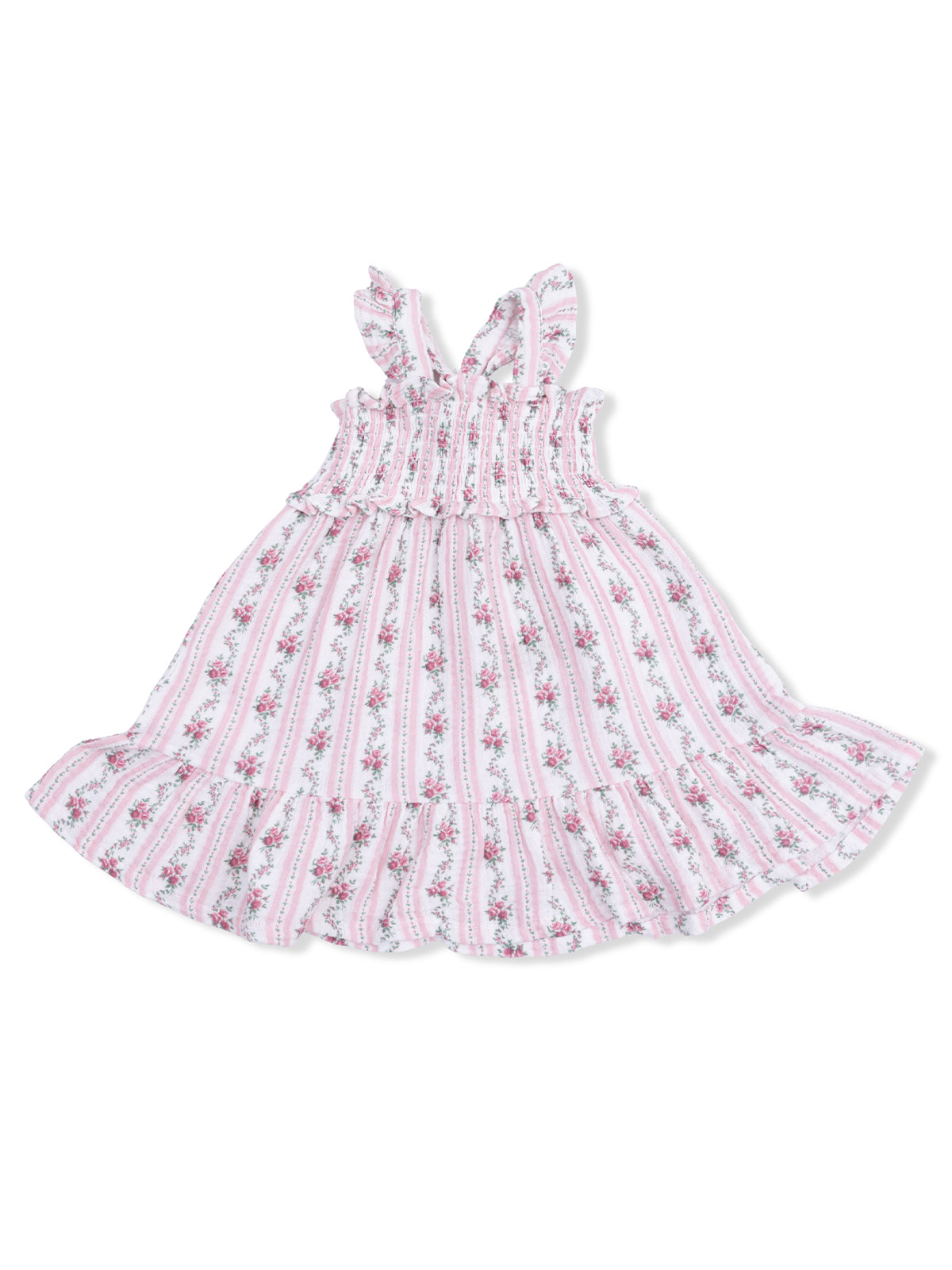 Girls' floral dress with pink stripes and ruffled straps, featuring a smocked bodice and flared skirt.