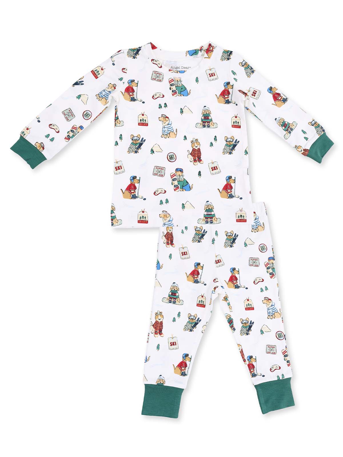 Kids' pajama set featuring playful ski-themed animal prints in bright colors on a white background.