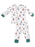 Kids' pajama set featuring playful ski-themed animal prints in bright colors on a white background.