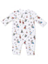 White infant onesie with playful dog skiing illustrations and winter-themed designs.