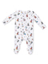 White onesie with playful skiing animal prints, featuring long sleeves and a front zipper.