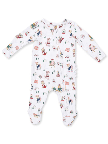 White toddler onesie featuring colorful cartoon characters and skiing motifs, ideal for cozy playtime.