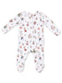 White toddler onesie featuring colorful cartoon characters and skiing motifs, ideal for cozy playtime.