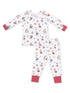 Children's winter-themed pajamas with playful animal prints and red accents.