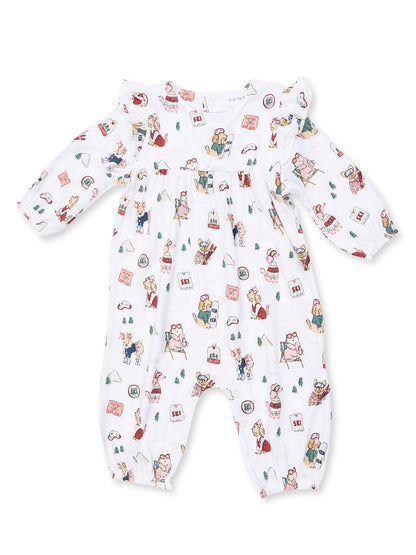 White infant romper featuring playful animal illustrations and a cozy design, perfect for casual outings.