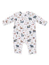 Baby romper featuring a whimsical forest animal print with bears, deer, and foliage in soft colors on a white background.