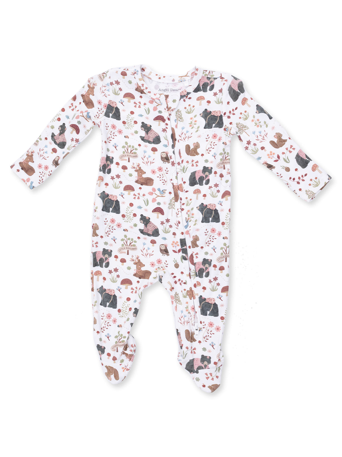 White baby onesie with colorful animal and floral patterns, featuring bears, deer, and squirrels.