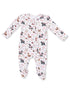 White baby onesie with colorful animal and floral patterns, featuring bears, deer, and squirrels.