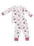 Kids' pajama set featuring playful animal and nature patterns in soft pastel colors.