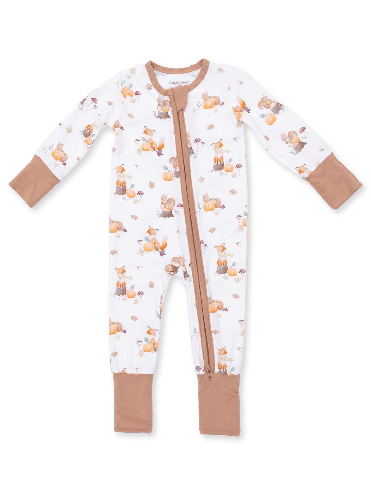 Infant sleeper onesie with fox and pumpkin pattern, featuring a front zipper and long sleeves.