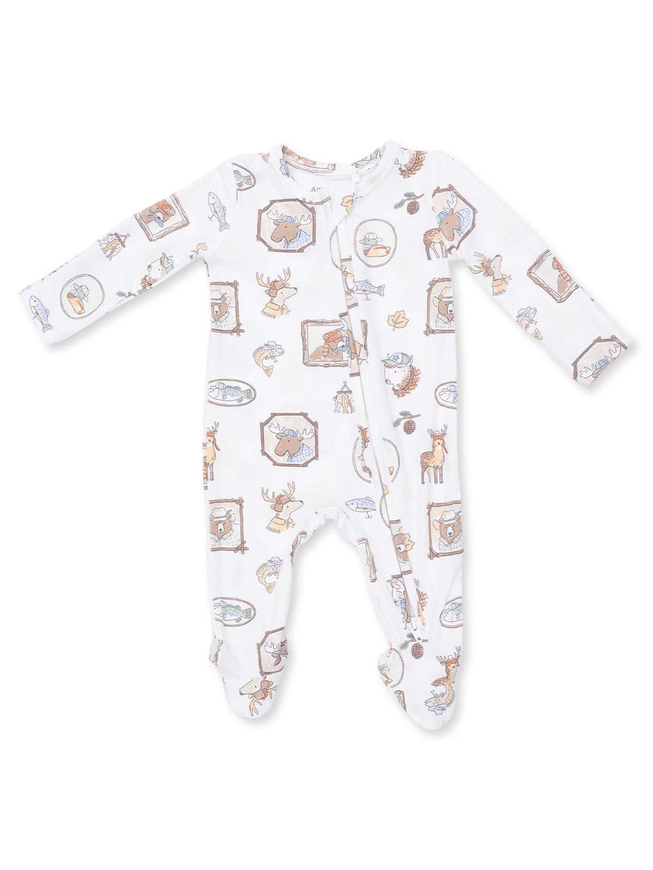 Infant onesie with playful animal and nature-themed prints in soft colors on a white background.
