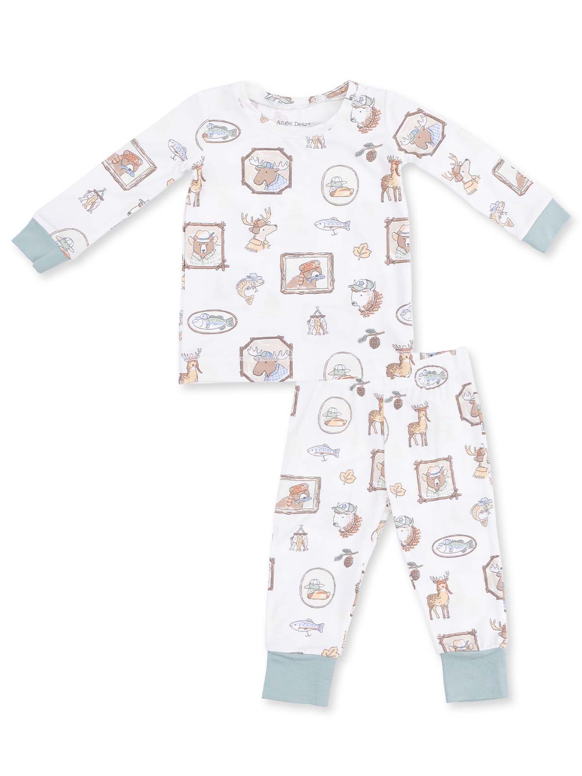 Cozy children's pajama set with illustrated woodland animals and nature-themed patterns on a white background.