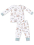 Cozy children's pajama set with illustrated woodland animals and nature-themed patterns on a white background.