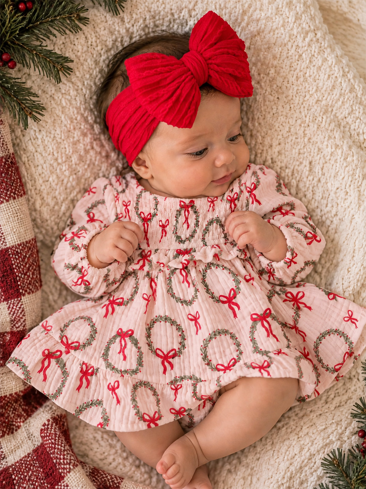 Smocked Ruffle Tiered Dress & Bloomer, Pink Wreath