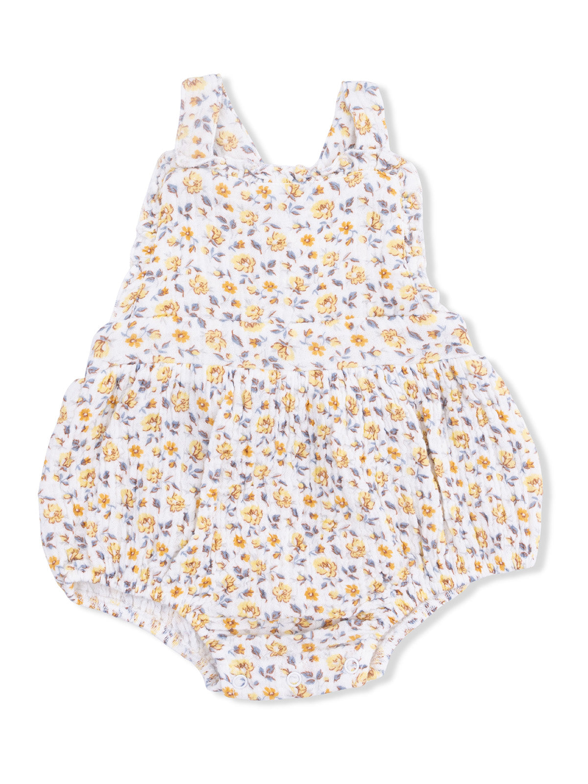 Floral infant romper with yellow and purple flowers on a white background, featuring ruffled straps and gathered bottom.