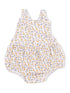 Floral infant romper with yellow and purple flowers on a white background, featuring ruffled straps and gathered bottom.