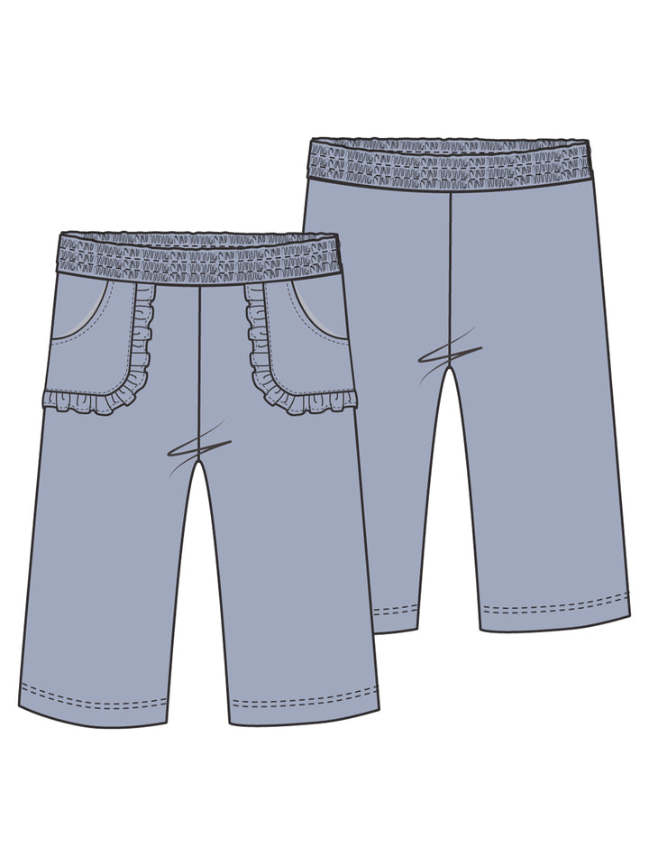 Light blue shorts with ruffle pockets and elastic waistband, front and back view.