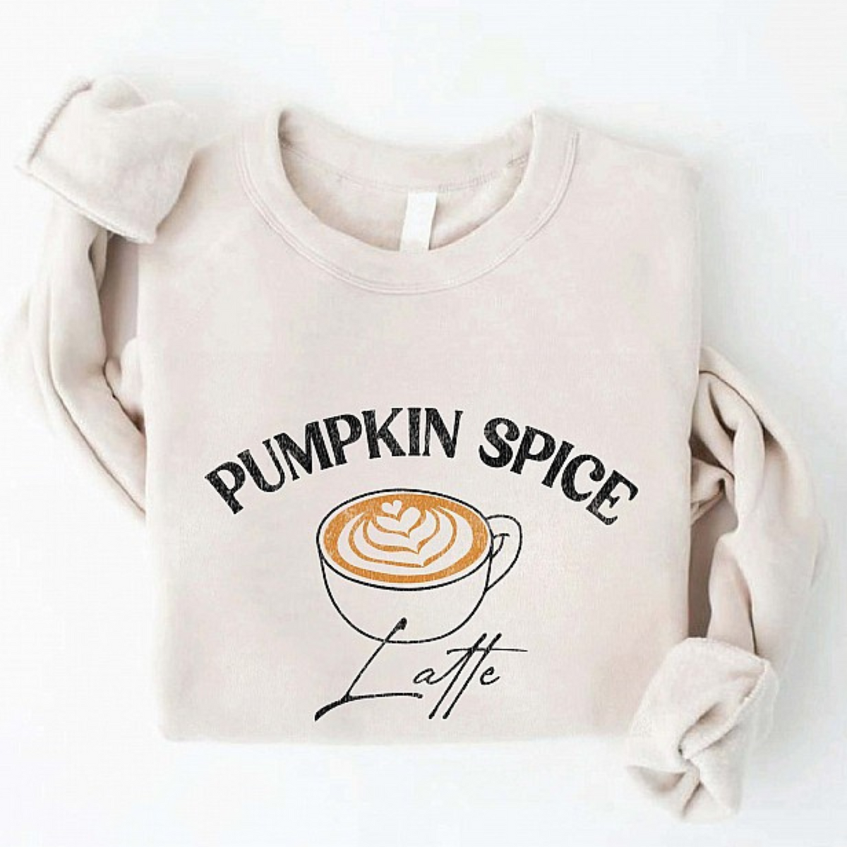 Pumpkin spice latte graphic on a cozy beige sweatshirt, stylish and perfect for fall fashion.