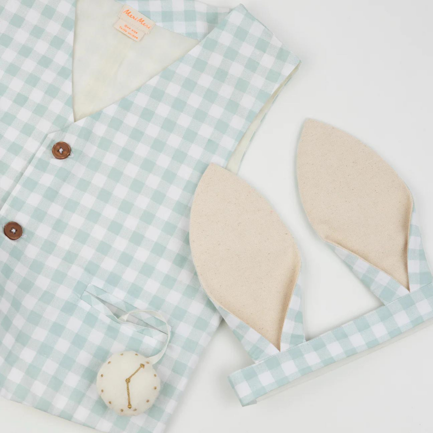 Light blue checkered vest with bunny ears and a decorative pocket watch.