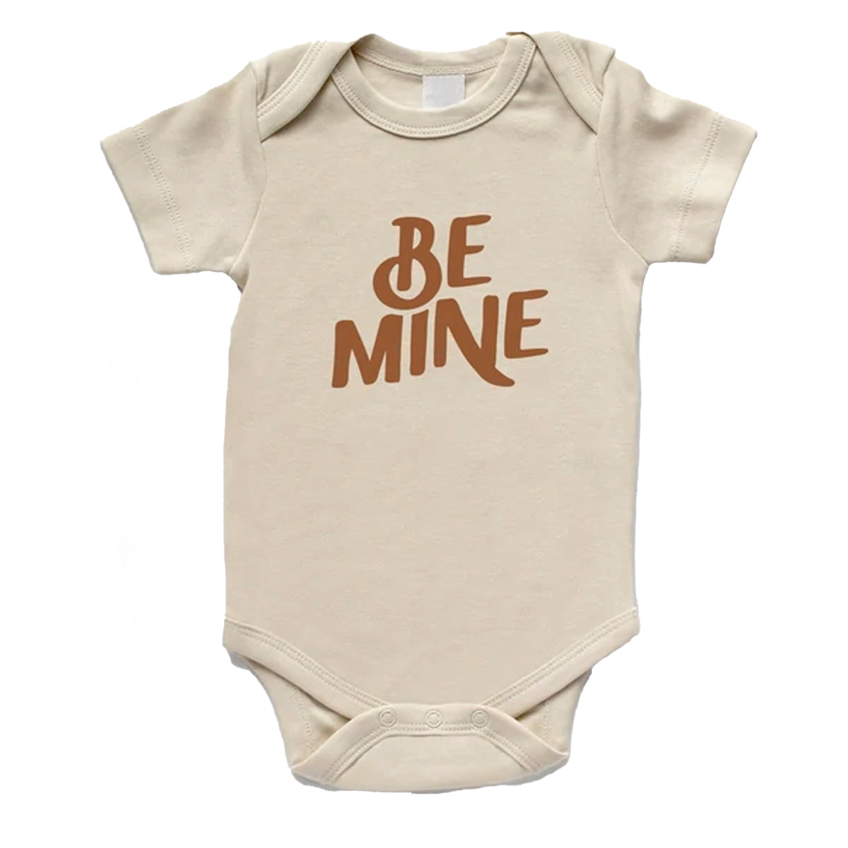 Beige baby onesie with the text "Be Mine" in brown lettering. Perfect for cute, loving outfits.