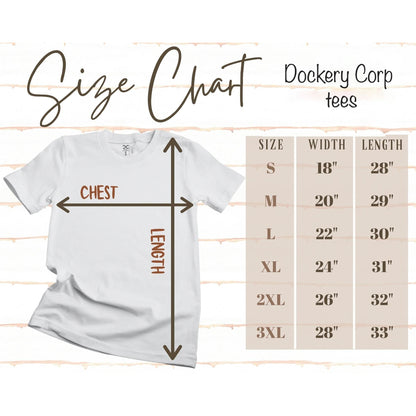 Size chart for Dockery Corp tees displaying measurements for S, M, L, XL, 2XL, and 3XL in width and length.