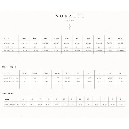 Size chart for Noralee, including height, chest, weight, dress length, and shoe size for children aged 3 months to 12 years.