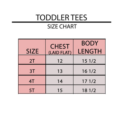 Toddler tees size chart: sizes 2T to 5T with chest and body length measurements.